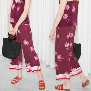 & Other Stories Paris Red Pink Floral Wide Leg Pants Elastic Waist Boho Sz Small